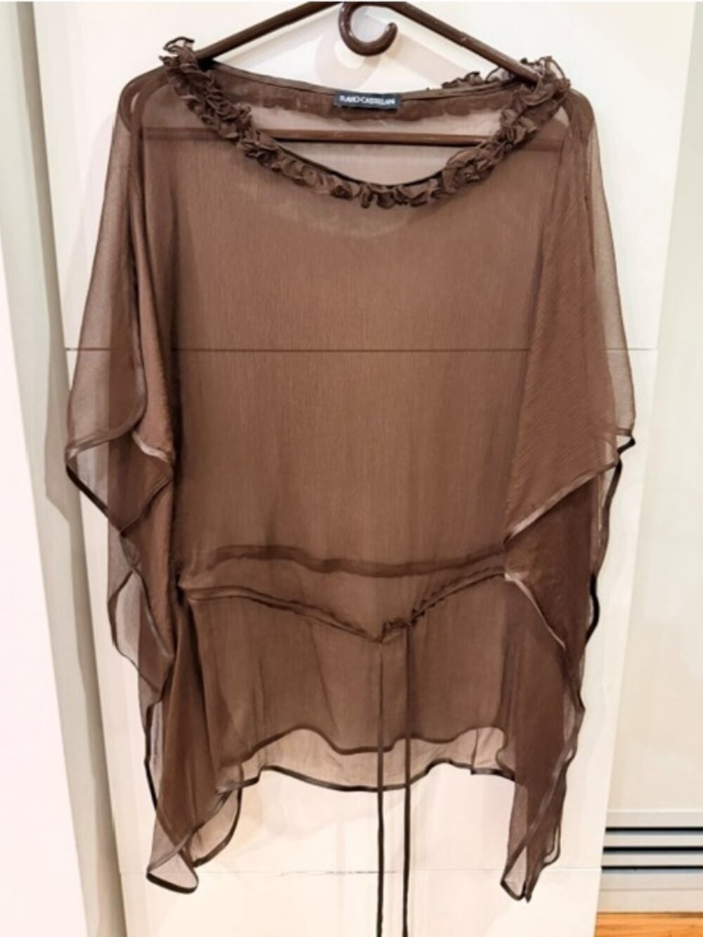 Flavio Castellani 100% Silk Sheer Poncho Top Size Medium – Brown, Tie Waist